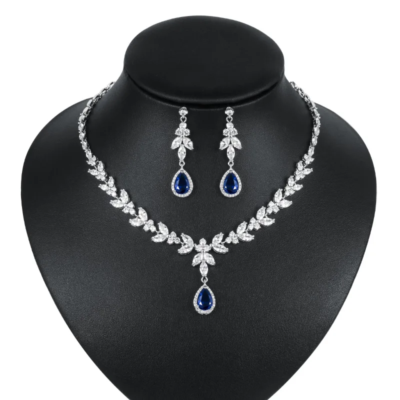 

New Cheap High Quality Shiny Exquisite Zircon Crystal Royal Blue Necklace Earring Prom Jewelry Set, Silver