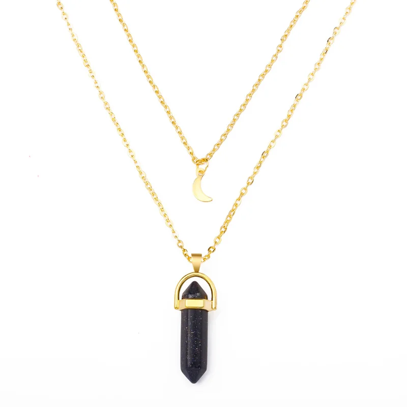 

Hot Selling On Amazon Women Double Layer Chain Crescent Moon Bullet Shape Natural Stone Necklace, Gold, black, green, purple