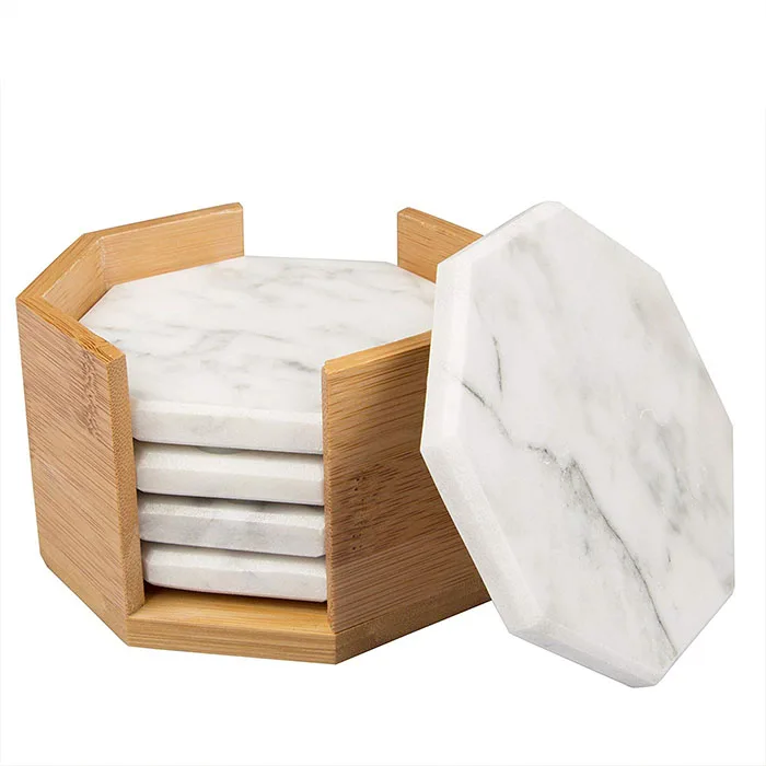 

Custom Ceramic White Marble Coasters with Bamboo Holder, As show or customized