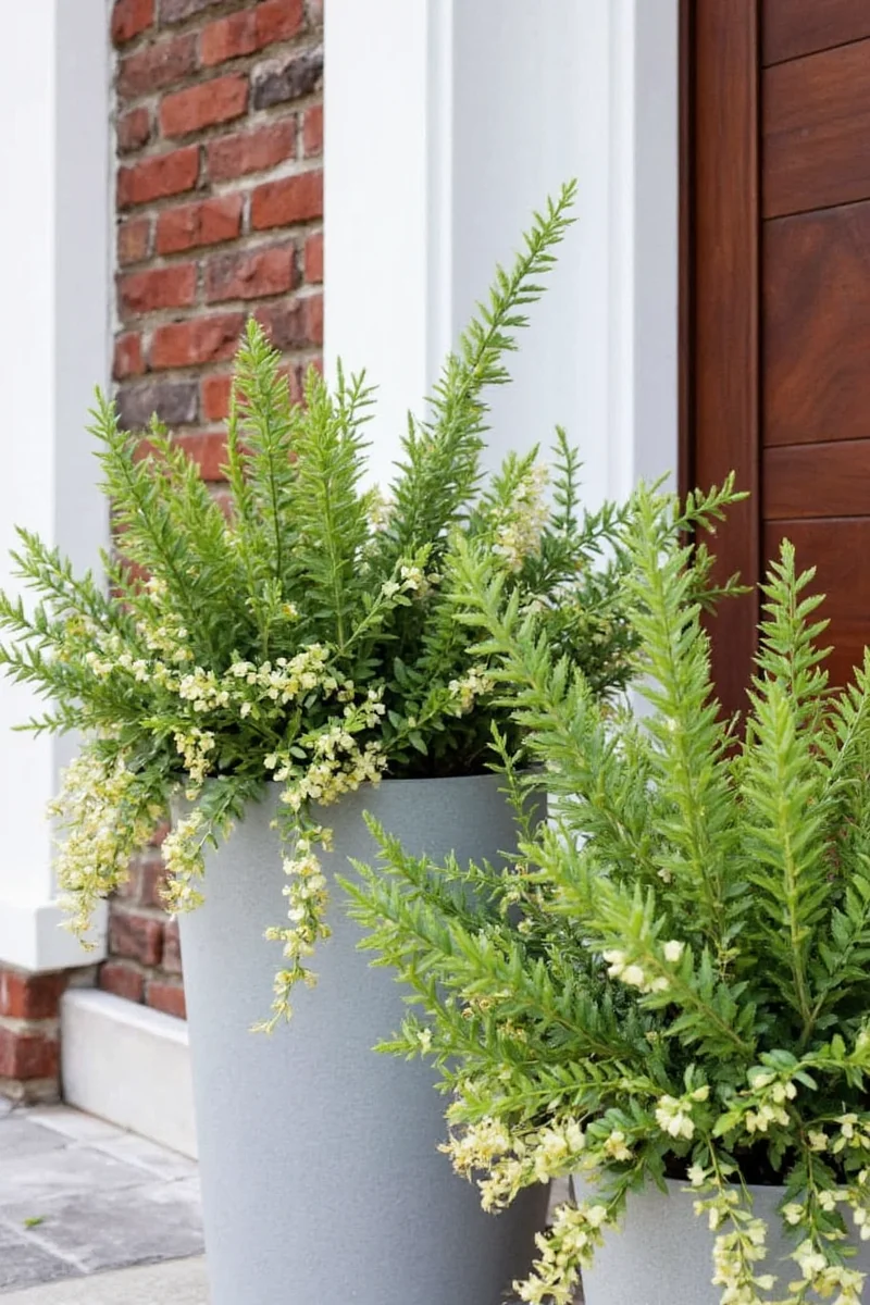 Front porch with decorative pots and greenery