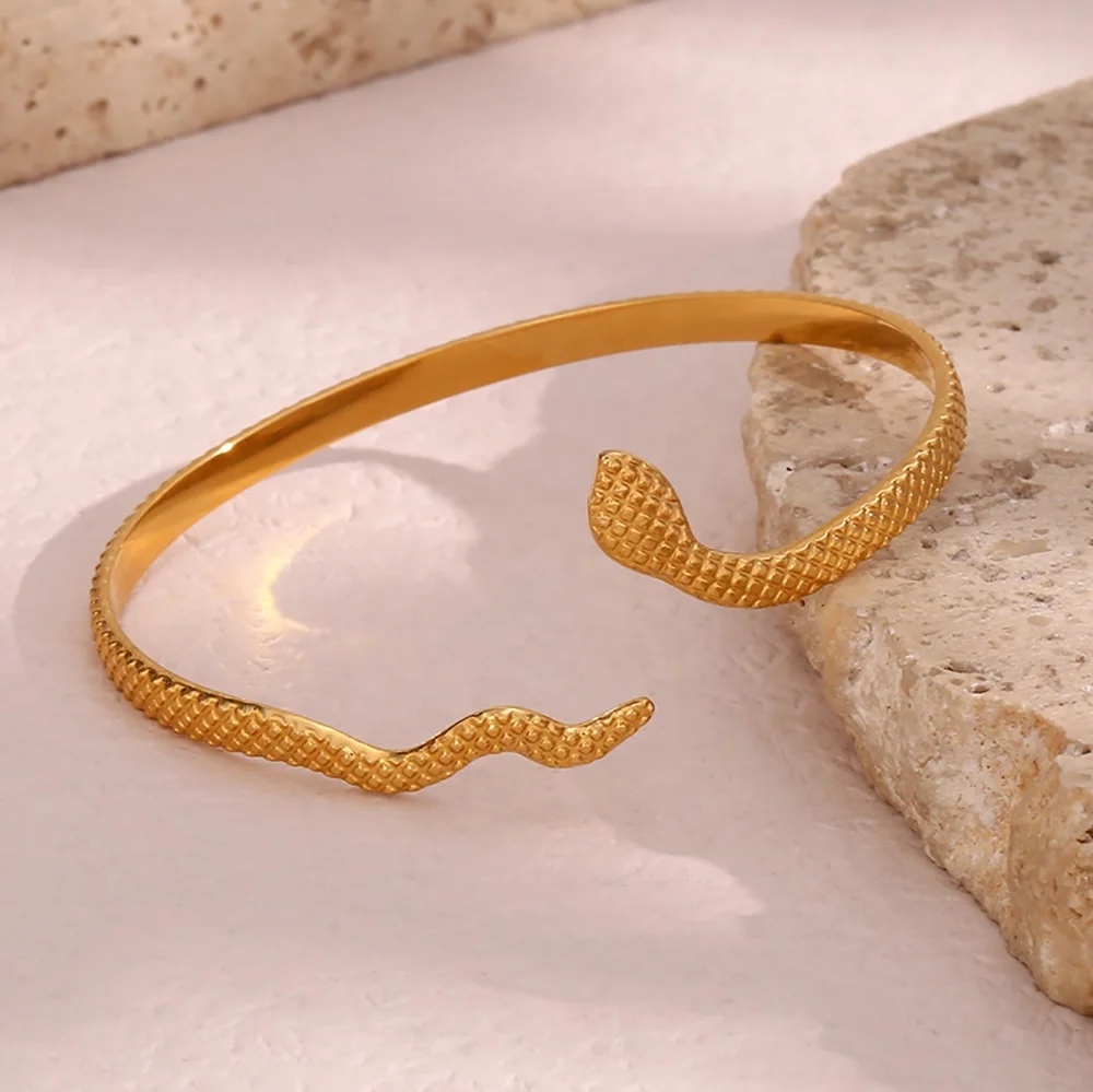 

18K Gold Plated Open Adjustable Texture Snake Bangle Bracelet Tarnish Free Stainless Steel Jewelry Bracelet Women