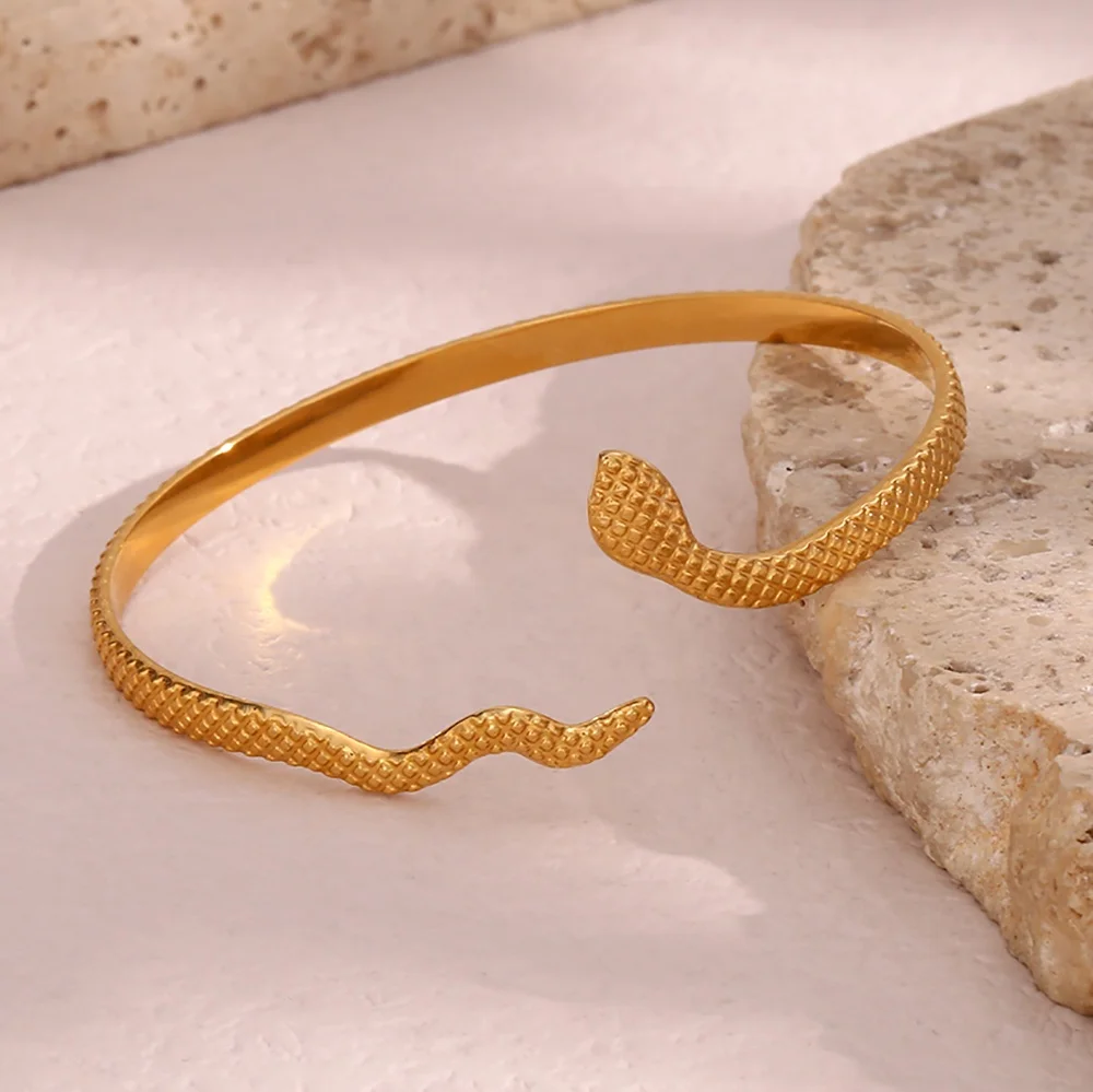 18K Gold Plated Open Adjustable Texture Snake Bangle Bracelet Tarnish Free Stainless Steel Jewelry Bracelet Women