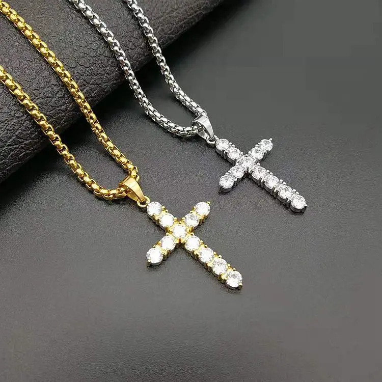 

NS1139 high quality stainless steel box chain necklace cubic diamond cross chain pendant men necklace