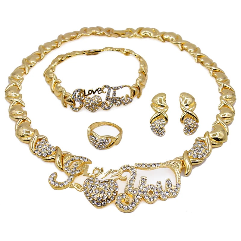 

18k Big Plated I LOVE YOU Jewelry Sets Latest Design Fresh and Delicate Sparkling Necklace Earrings Bangle Ring Four piece Set