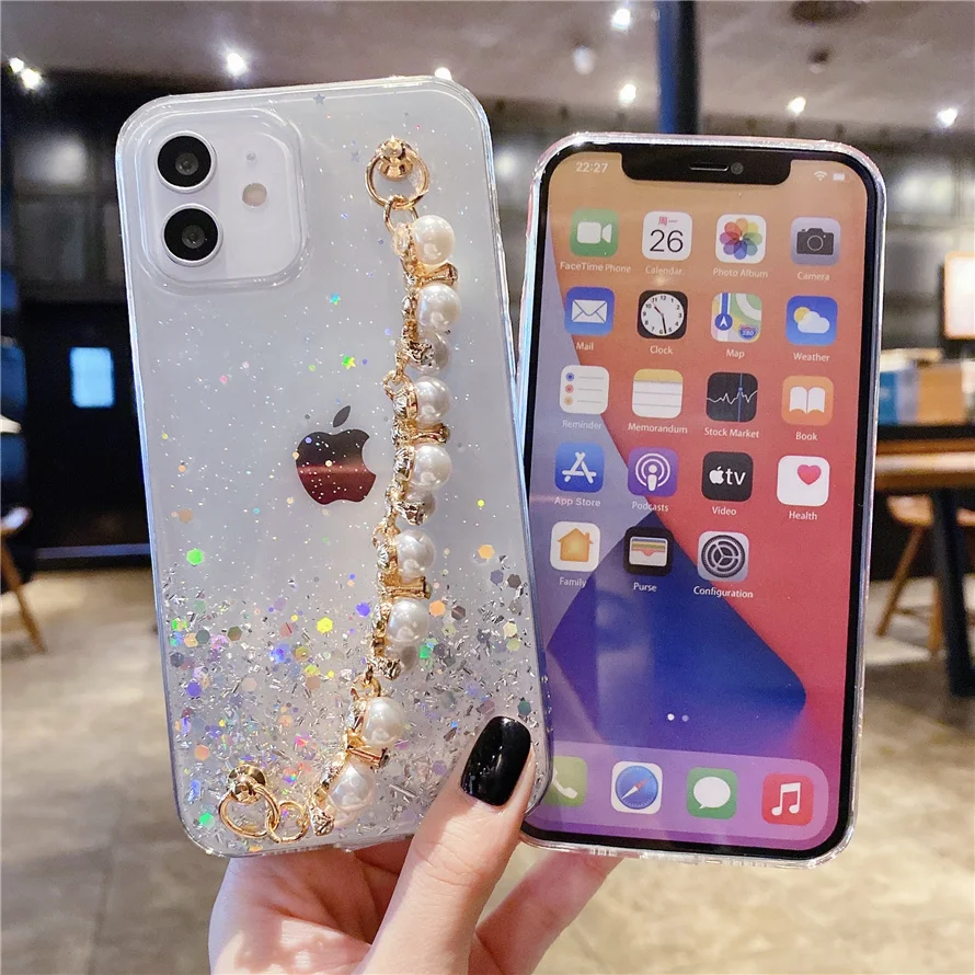 

Women's diamond mobile phone case for iPhone 11 Pro max, mobile phone case for iPhone 12 Pro Max Mini with pearl chain