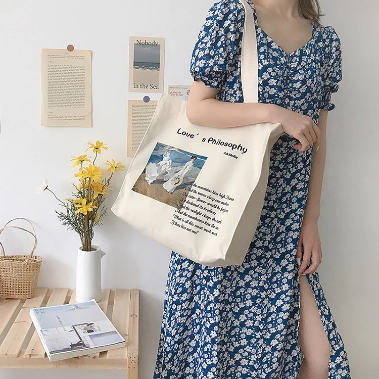 

YASEN Women Canvas Shoulder Bag Love Philosophy Daily Shopping Bags Oil Painting Books Bag Thick Cotton Cloth Tote For Ladies