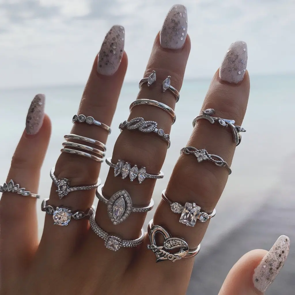 

5797 Hand Rings 15 pcs Set European American Fashion Accessories Women Joint Style Hollow Diamond Love Ring 15 Piece Set Ring