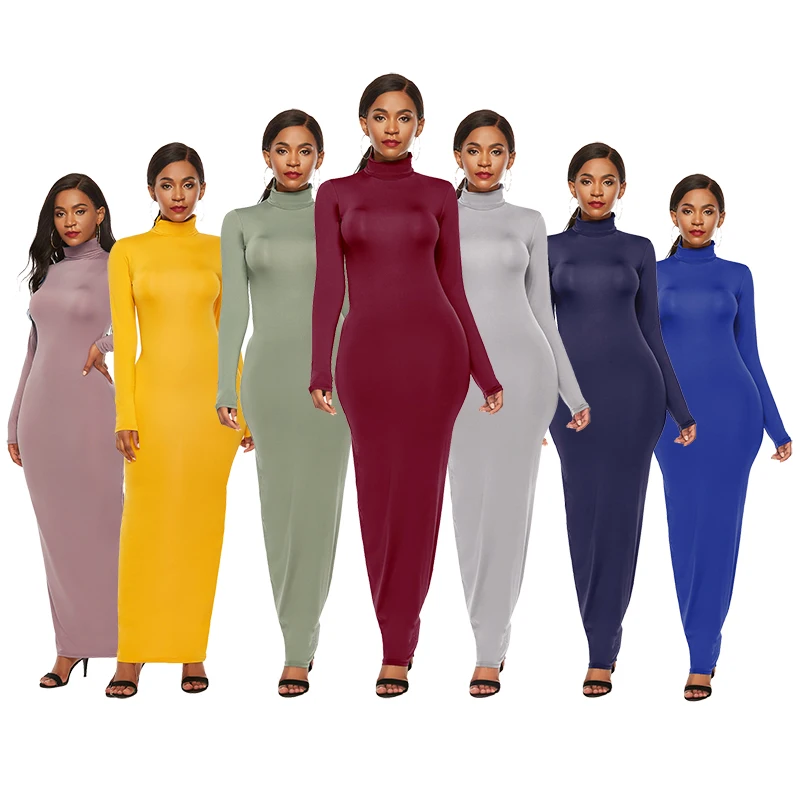 

2021 Vestidos Women Clothing Solid Colors Maxi Turtleneck shein fall Long Sleeve Elegante casual plus size bodycon Dresses