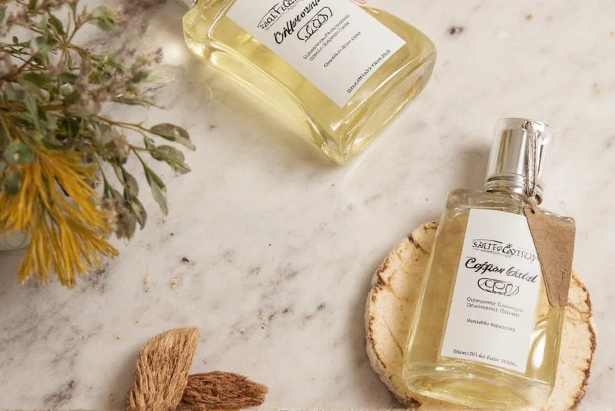 Natural ingredients used in Salt and Stone fragrances including saffron threads and cedar wood pieces arranged artistically