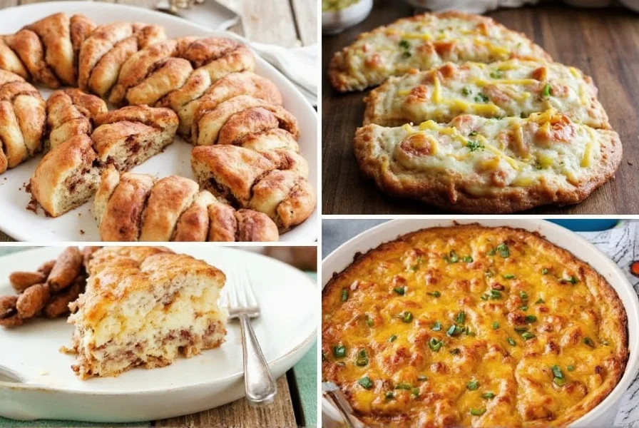 Assortment of creative cinnamon roll recipes including monkey bread, pizza, and breakfast casserole