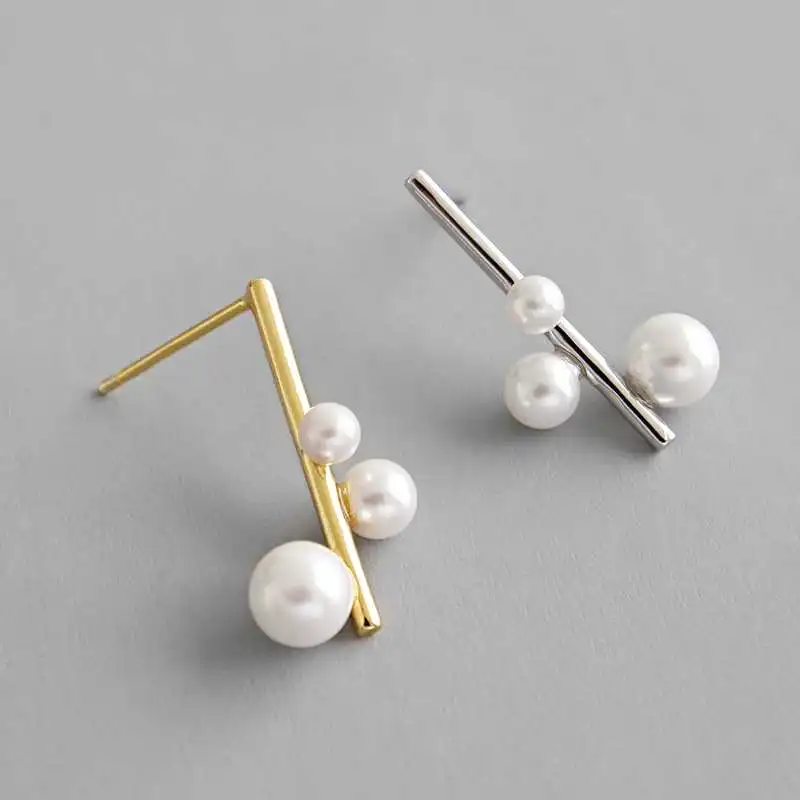 

Korean Stylish Pearl Bead Bar Stud Earrings 925 Sterling Silver Pearl Stick Earrings for Party, As picture show