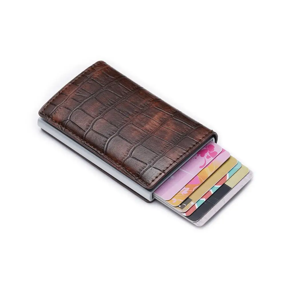 

Slim Aluminum Leather RFID Wallet Credit card Holder Case Pop up Technology Secure Card Protector, Red, blue, black, coffee, green