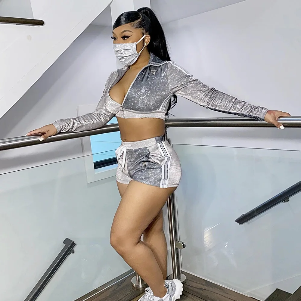 

Glitter Two Piece Set Women Clothing Outfits Long Sleeve Crop Tops Shorts Tracksuits 2 Piece Sets Female Fashion Club Party Wear, Silver