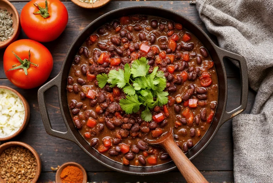 Vegan black bean chili in a cast iron pot with fresh cilantro garnish, fire-roasted tomatoes, black beans, and spices arranged around it