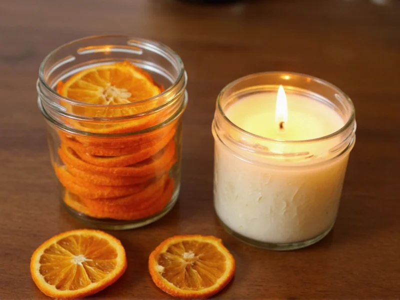 Homemade soy candle in mason jar with dried orange slices