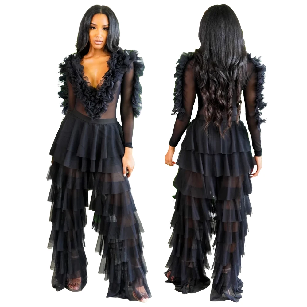 

fall new design plus size two piece pants set versatile perspective mesh top V-neck fungus edge cake large size two trouser suit