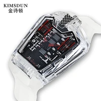 

KIMSDUN Men's Fashion Trend Personality Classic Quartz Watch Luxury Racing Silicone Strap Clock Transparent Movement Relogio