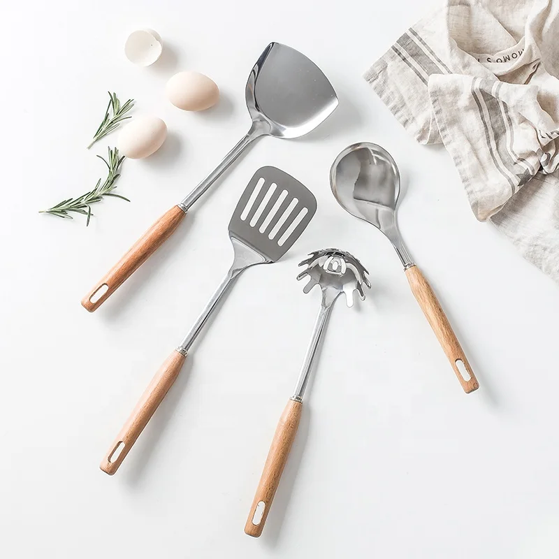 

Practical home dinner pot&shovel&spoon not-stick stainless steel wood handle kitchen utensil set japan, As picure or customized