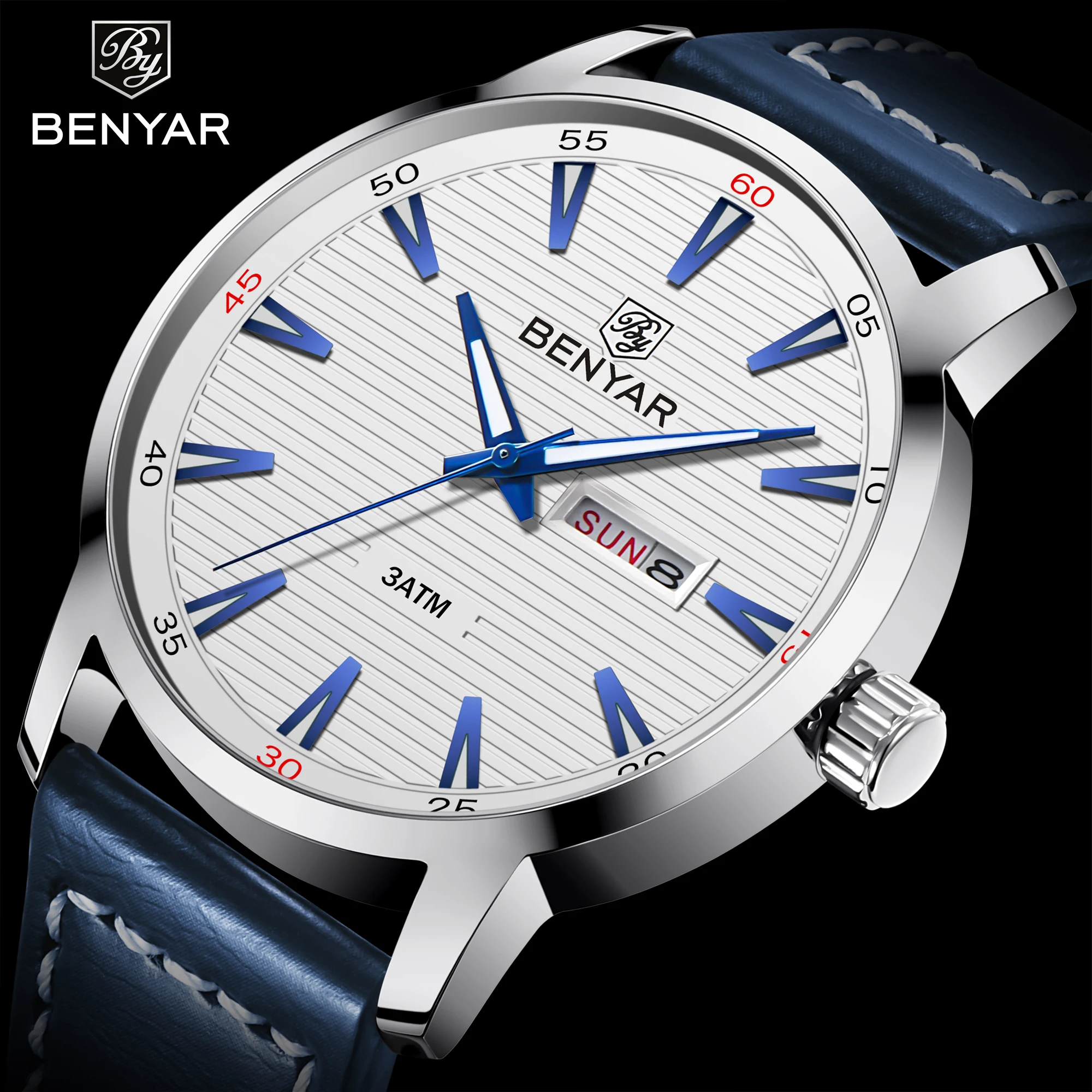 

Benyar 5145 fashion casual wrist watches for men quartz 3ATM water resistant date week feature brown leather strap