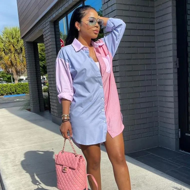 

Fall 2021 Lounge Wear Women Fashion Outfits Color Block Blouses Turndown Collar Casual Long Sleeve Chic Ladies Shirt Long Coat, Pink