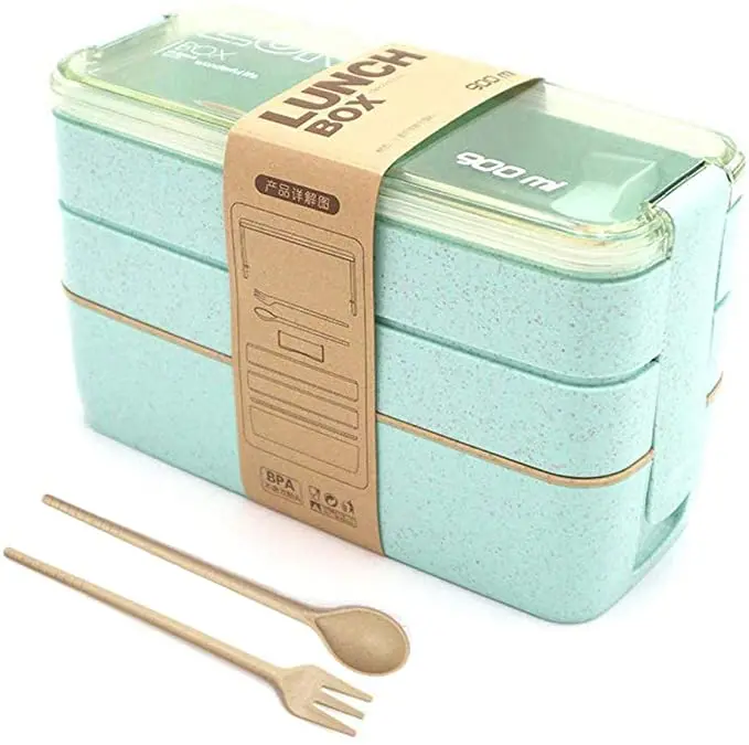

Leakproof Bento Lunch And Snack Boxes Biodegradable Wheat Straw Kitchen High Quality Food Container 3 Layer Bento Box, Euro green,pink or customized