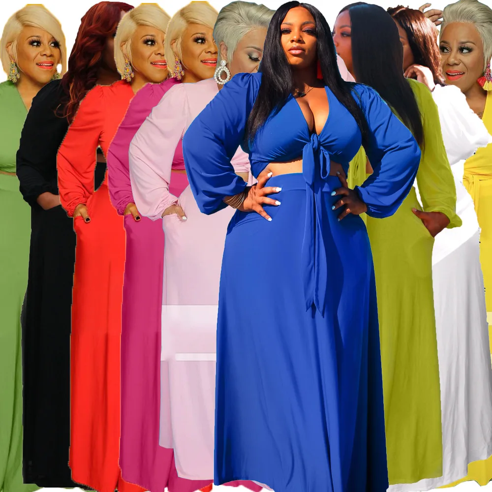 

New Solid Color Loose Plus Size Ribbon Long Sleeve Top Elastic Waist Maxi Skirts women 2 piece skirt set