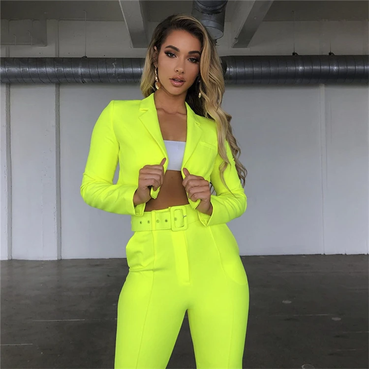 Elegant Women Blazer 2 Piece Sets Neon Autumn Women Formal Lady Slim Fit Blazer Pencil Pant Suits