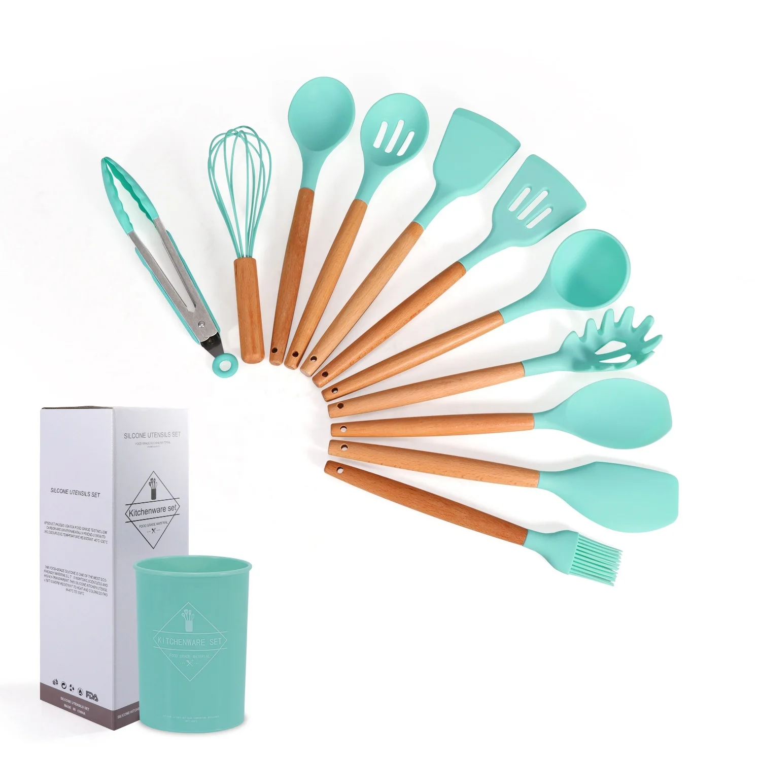 

Hot sell wooden accessories cleaning blue silicone kitchen utensil 12 piece set, Blue, black, pink