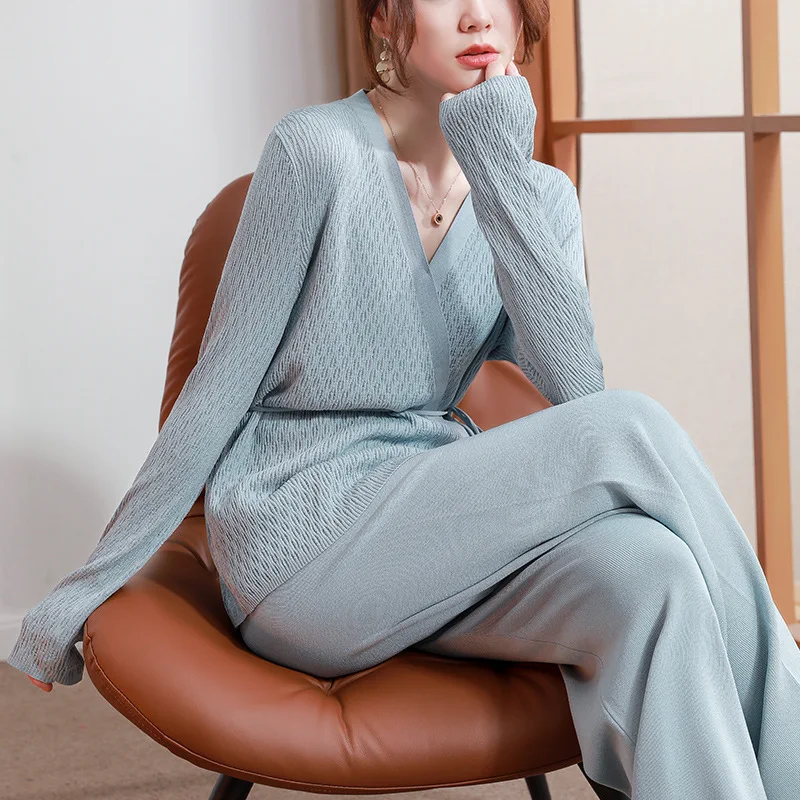 

factory custom 2021 spring v neck hollow lace up ice linen knitted wide legging pants suit women thin flax two piece set sweater