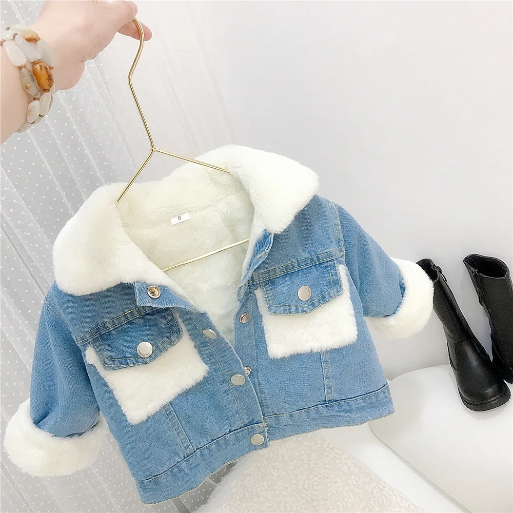 

CQQB15 Children's wool denim jacket girls' short denim top plush jacket girls denim white fur coats&outwears