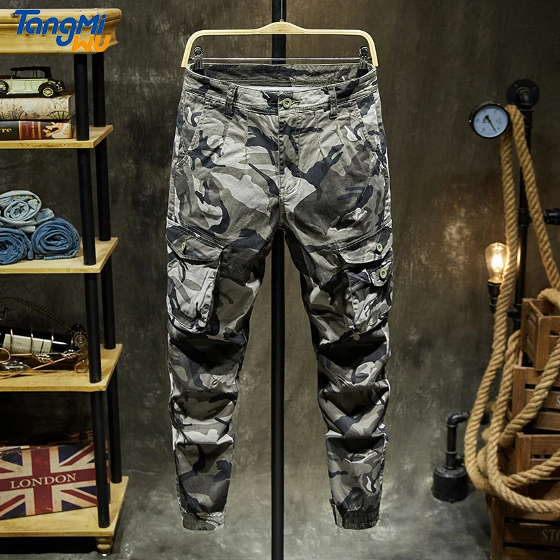 

TMW 2021 wholesale autumn 80%cotton pantalones de hombre men stacked joggers pants with side pockets camouflage cargo pants