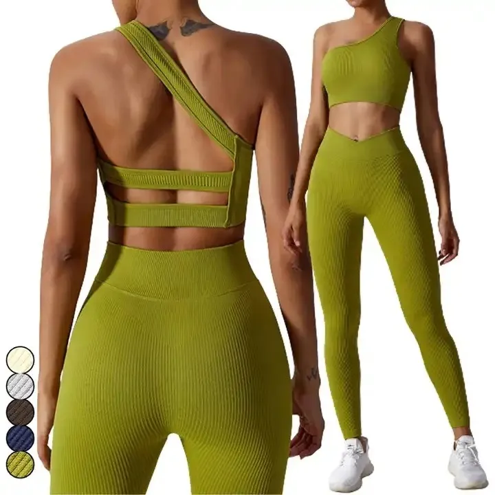 

2023 Ladies Seamless Workout Fitness Sets T Sports Bra and Ribbed Leggings Breathable High Stretchy 2 Pieces Yoga Wear