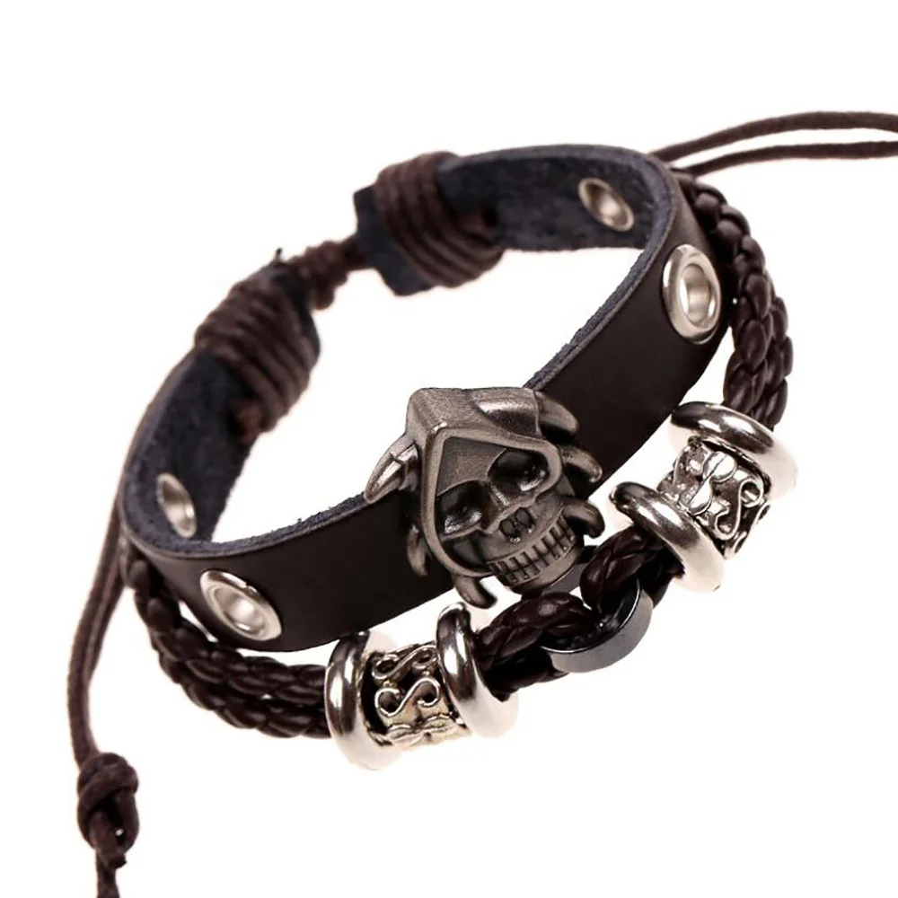 

PUSHI leather bracelet lovers beaded women skull charm handmade friendship bracelets
