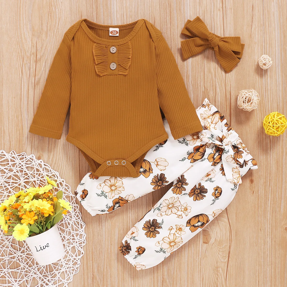 

wholesale Newborn Baby Girl Clothes Fly Sleeve Knitting Cotton Romper Tops floral Long Pants Headband 3Pcs Outfits Clothes, As image shown