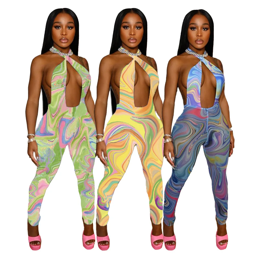 

DUODUOCOLOR Summer fashion halter hollow out sleeveless womens clothing 2021 sexy printing jumpsuit D98200, Yellow,green,blue