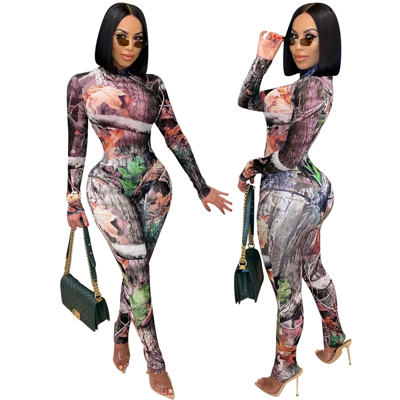 

2021 Women Club Mesh Two Pieces Jumpsuit Outfits Leave Print Sexy Club Wear 2 Pieces Pants Set Brown BodySuit And Pants Set, As picture