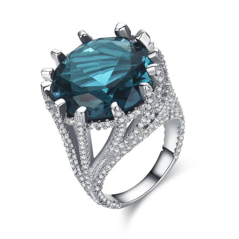 

Luxury Noble 925 Silver Inlaid Sapphire Crystal Vintage Bride Female Big Blue Gemstone Ring Engagement Wedding Jewelry