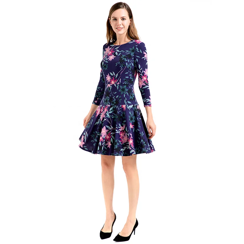 

D027 casual dresses women elegant flower printing long sleeve dress women