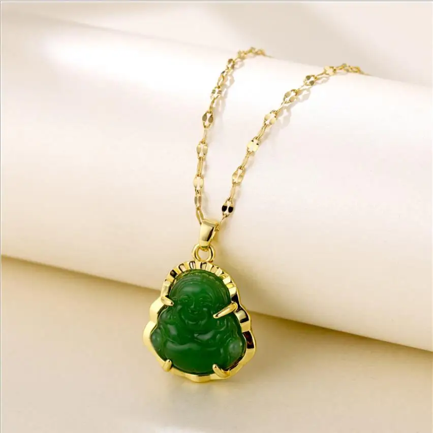 

women Buddhist 18K Gold Plated Buddha Pendant Necklace Green Jade Buddha Necklace Collarbone chain