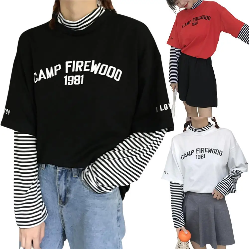 

2021 Patchwork t shirt Aesthetic Streetwear Korean Clothes Women Striped Printed Letter Long Sleeve Fall Shirts