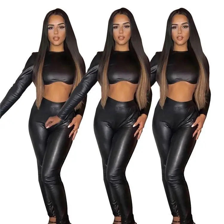 

HS Q711-latest design crop top leather leggings 2 piece set women clothing set, Picture
