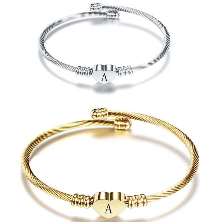 

K063 Fashion Jewelry Stainless Steel 26 Initial Letters Bracelets Open Bangle Adjustable Heart Shape Charm Bracelet For Women