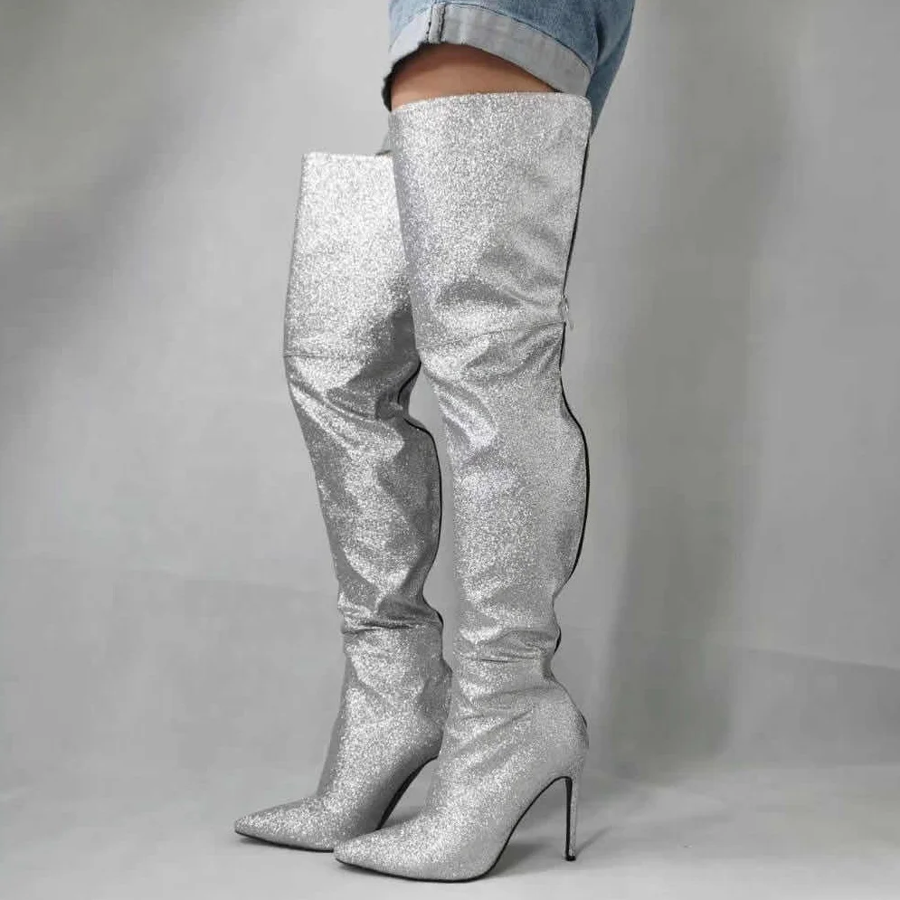 

Large Size 43 Silver Sequined Cloth Women Over Knee High Boots Thin Heel Pointed Toe Back Zipper Thigh High Booties For Ladies