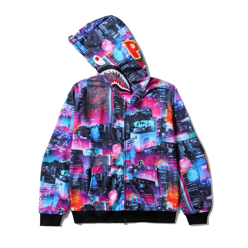 

2021 Wholesale Trendy New Style Men's Bape Inspired Custom Jacket Casual City Night View Printed Terry Hooded Sweater, Customized colors