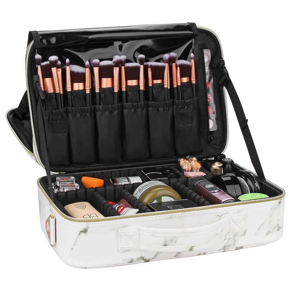 

Dropshipping Relavel 2021 New Professional Black Medium Train Case Brush Organizer Travel Artist Box 3 Layers Adjustable Strap Makeup Case