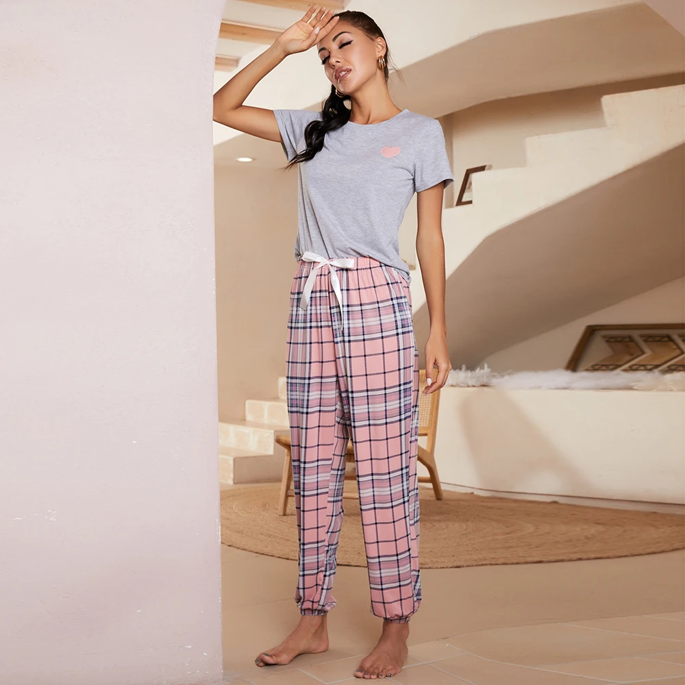 

2022 spring summer heart print pink plaid rayon spandex knit ladies pajamas comfy casual women lounge wear two piece set yizhi, Gray