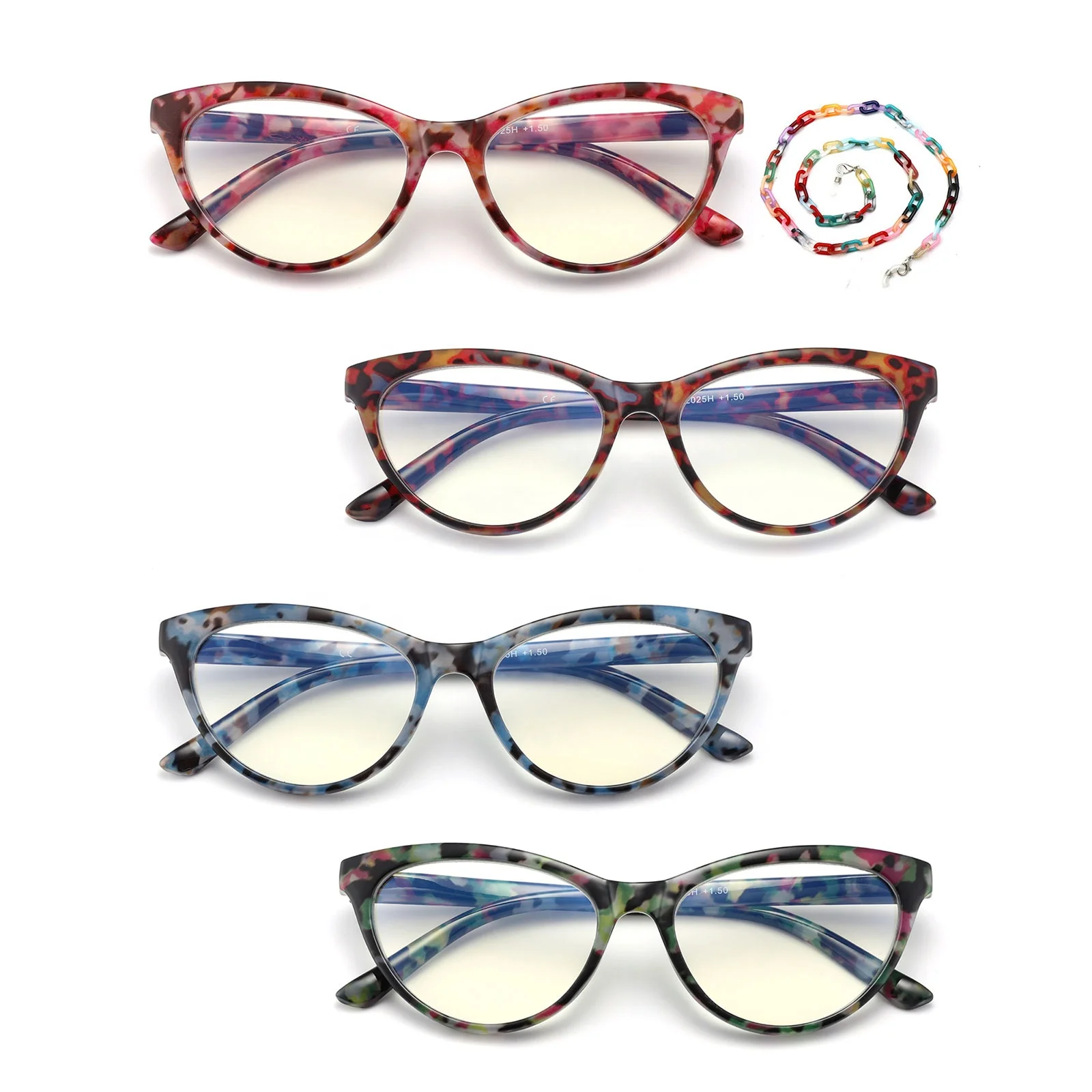 

Wholesale Retro Cateye Presbyopia Glasses Customized Fashion Anti Blue Light Blocking Cat Eye Women Reading Glasses with Chain