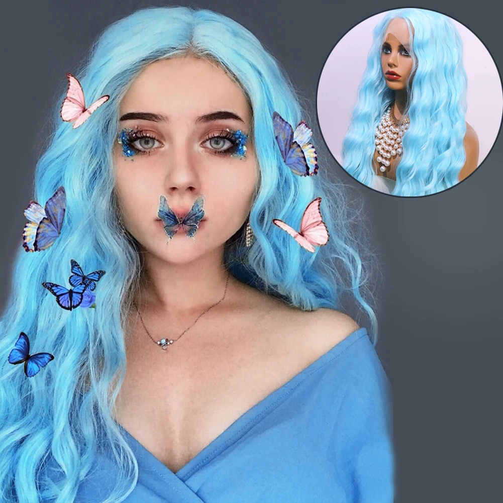 

Cyan Blue Synthetic Lace Wig Water ripple wave hair Drag Queen Frontal Wig for Women colorful lace wig Long Hair Halloween