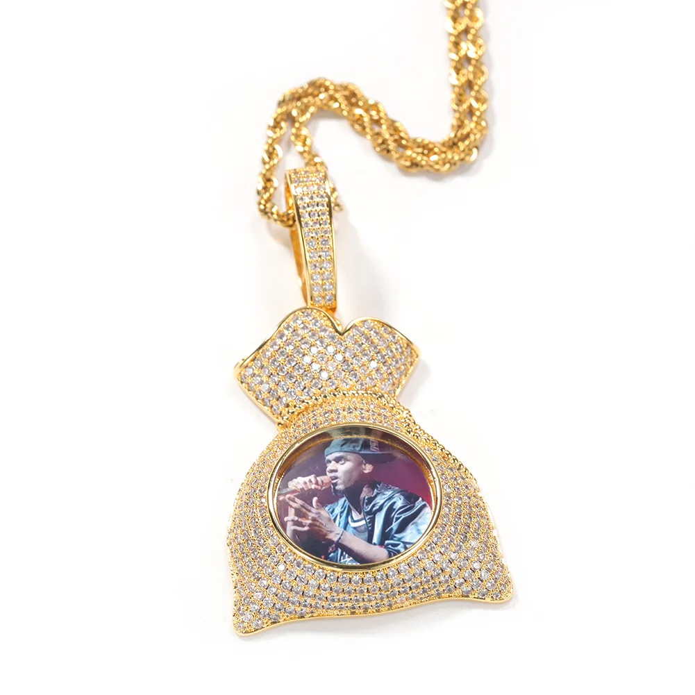 

New Design Money Bag Custom Photo Pendant Necklace Ice Out Personality Hip Hop Jewelry Rap Style Cubic Zirconia