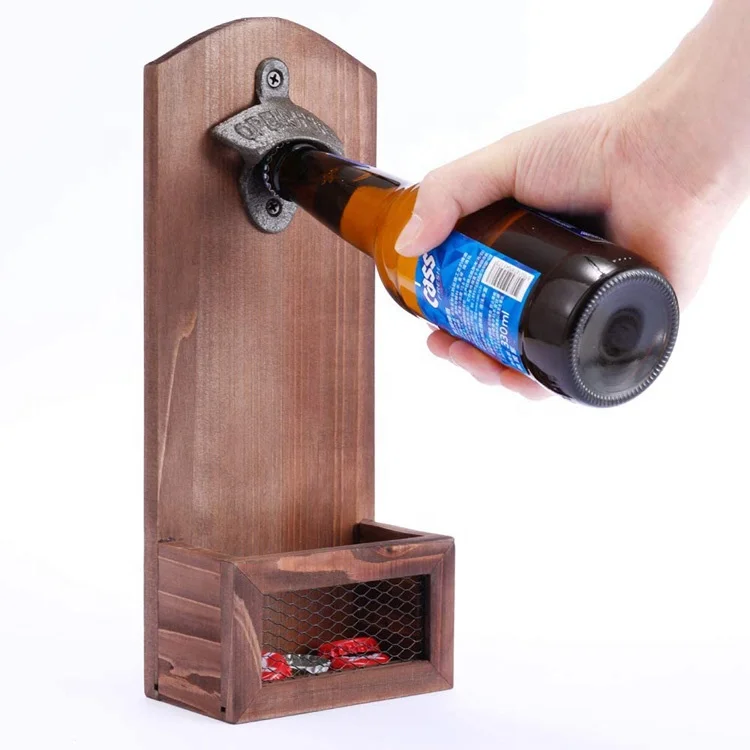 

2020 new idea hot sale wood wall mounted bottle opener with catcher